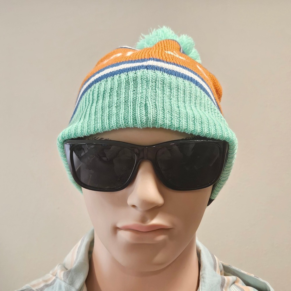 Brooks Heritage Pom Beanie Run Happy Dk Ocean Blue Orange Teal 280476 OSFA NEW